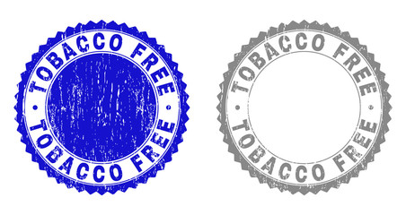 Grunge TOBACCO FREE stamp seals isolated on a white background. Rosette seals with distress texture in blue and grey colors. Vector rubber stamp imprint of TOBACCO FREE label inside round rosette.