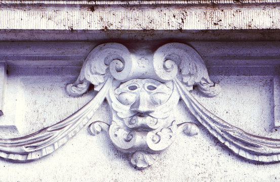 Renaissance Facade Decoration, Carved Marble Mask Under The Ledge Of An Antique Palace