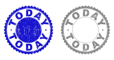 Grunge TODAY stamp seals isolated on a white background. Rosette seals with grunge texture in blue and gray colors. Vector rubber stamp imitation of TODAY title inside round rosette.