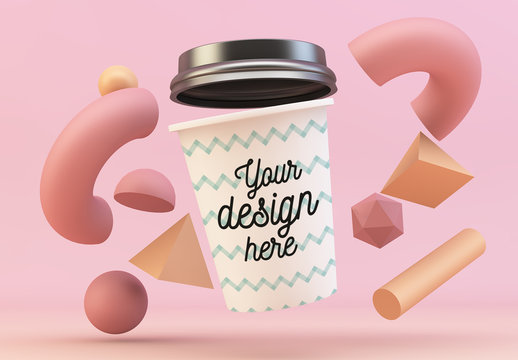 Coffee Cup Mockup with Floating Shapes