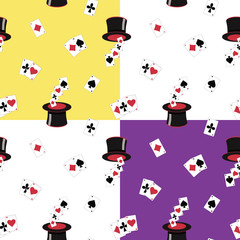 Four seamless magic show patterns on 4 different backgrounds - yellow, white, transparent, purple. Repeat pattern of top hats and cards.
