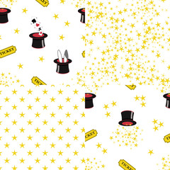 4 seamless repeat patterns on white backgrounds - stars, stardust, magician's top hats with playing cards, bunny ears. Magic show, gambling background.