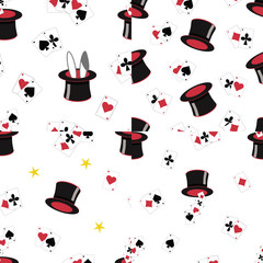 4 seamless repeat patterns with transparent background. Gambling/ magic show patterns with top hats, bunny ears, playing cards, stars.
