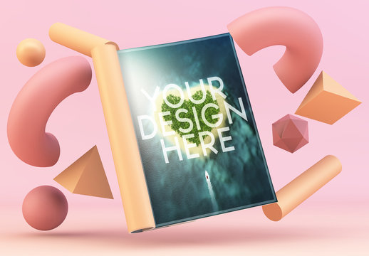 Open Magazine Mockup with Floating Shapes