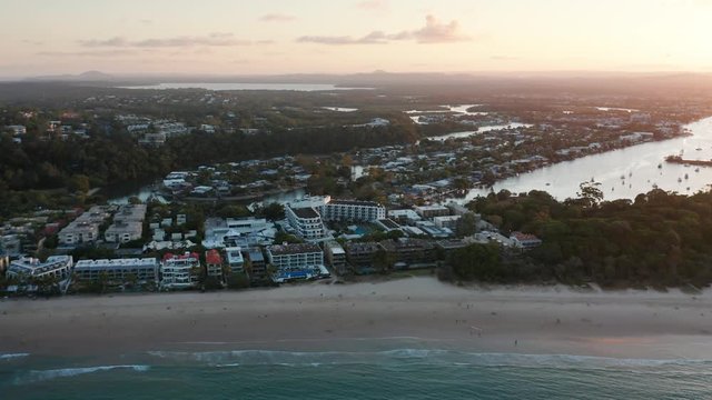 Aerial footage of the small Australian coastal town of Noosa in the late afternoon. Shot on a Mavic 2 Pro on the Sunshine Coast, Australia.
