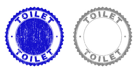 Grunge TOILET stamp seals isolated on a white background. Rosette seals with grunge texture in blue and grey colors. Vector rubber stamp imprint of TOILET title inside round rosette.
