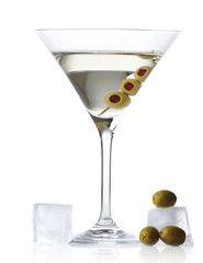 Classic dry martini with olives & ice isolated on white background