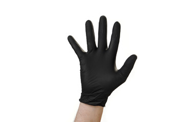 Male hand in black rubber gloves, symbol, sign or gesture. On a white isolate background.