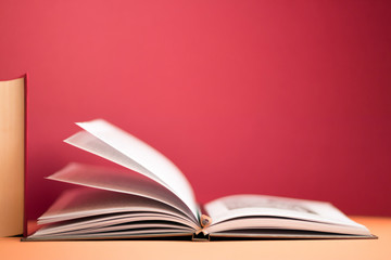 Education and reading concept. Open book on minimalistic red background