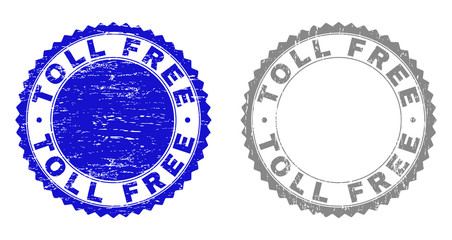 Grunge TOLL FREE stamp seals isolated on a white background. Rosette seals with grunge texture in blue and gray colors. Vector rubber stamp imitation of TOLL FREE label inside round rosette.