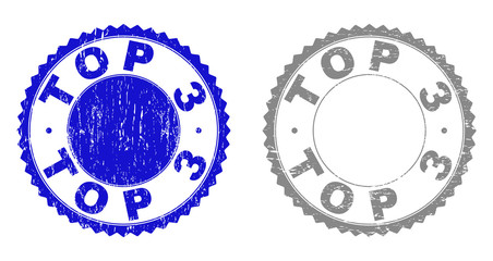 Grunge TOP 3 stamp seals isolated on a white background. Rosette seals with distress texture in blue and gray colors. Vector rubber stamp imprint of TOP 3 tag inside round rosette.