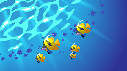 Fototapeta na wymiar Many tropical fishes finely underwater, the yellow butterfly fish in rays of sun, colorfull vector image
