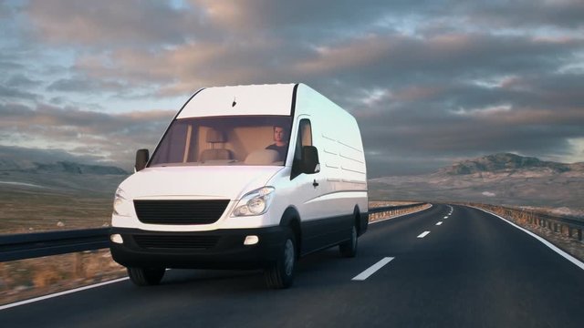 A white delivery van passes the camera driving along a desert highway into the sunset. Realistic high quality 3d animation.