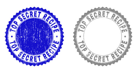 Grunge TOP SECRET RECIPE stamp seals isolated on a white background. Rosette seals with grunge texture in blue and grey colors.