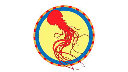 Circle logo wich danger red medusa. Attention of jellyfish. Poison long tentacles