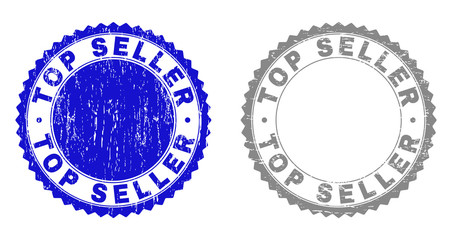 Grunge TOP SELLER stamp seals isolated on a white background. Rosette seals with grunge texture in blue and gray colors. Vector rubber stamp imprint of TOP SELLER tag inside round rosette.