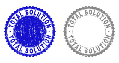 Grunge TOTAL SOLUTION stamp seals isolated on a white background. Rosette seals with grunge texture in blue and gray colors. Vector rubber stamp imprint of TOTAL SOLUTION caption inside round rosette.