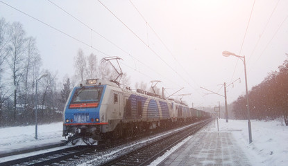 electric freight train winter rail road landscape