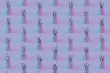 Minimal fruit pattern. White pineapples on white background in holographic neon light. 3D Rendering.