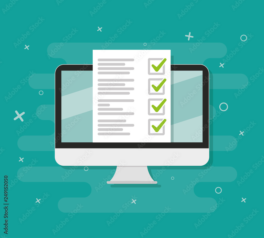 Poster pc and checkboxes with check mark. choice, survey flat design for banners, websites. vector icon