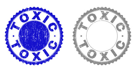 Grunge TOXIC stamp seals isolated on a white background. Rosette seals with grunge texture in blue and gray colors. Vector rubber overlay of TOXIC tag inside round rosette.