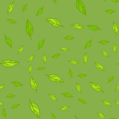 Seamless pattern of green leaves doodle.