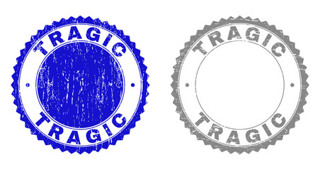 Grunge TRAGIC stamp seals isolated on a white background. Rosette seals with grunge texture in blue and gray colors. Vector rubber overlay of TRAGIC tag inside round rosette.