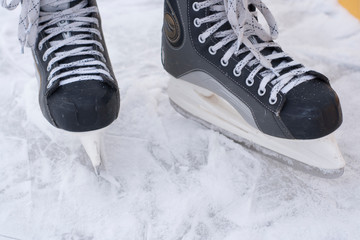 Man's hockey skates on ice background. People skate on the rink.