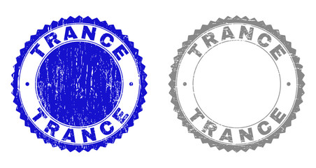 Grunge TRANCE stamp seals isolated on a white background. Rosette seals with distress texture in blue and gray colors. Vector rubber stamp imitation of TRANCE tag inside round rosette.