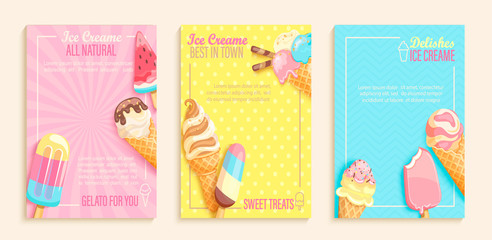 Set of sweet ice cream shops flyers,banners on vintage background.Collection of pages for kids menu,caffee,posters. cards, cafeteris advertise.Template vector illustration.