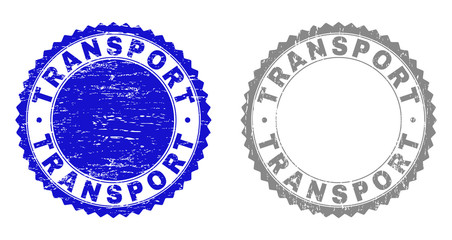 Grunge TRANSPORT stamp seals isolated on a white background. Rosette seals with grunge texture in blue and gray colors. Vector rubber stamp imitation of TRANSPORT text inside round rosette.