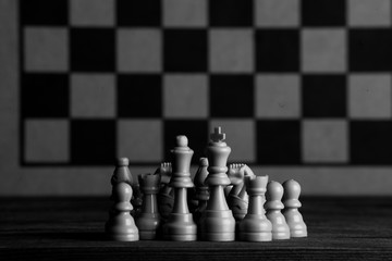 Chess board with chess pieces. Chess on the dark background. Business success concept. Strategy....