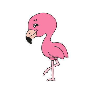 Pink flamingo. Cute flat vector illustration in childish cartoon style. Funny character. Isolated on white background.