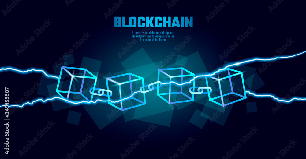 Poster blockchain cube chain symbol on square code big data flow information. blue neon glowing modern tren