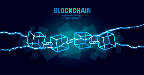 Blockchain cube chain symbol on square code big data flow information. Blue neon glowing modern trend. Cryptocurrency finance bitcoin business concept vector illustration background template