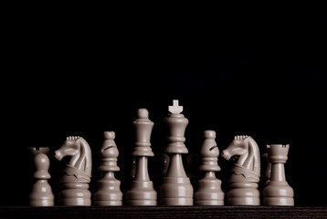 Chess board with chess pieces. Chess on the dark background. Business success concept. Strategy....