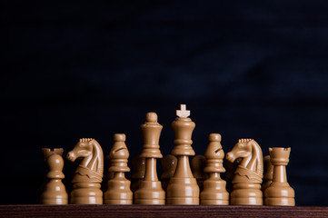 Chess board with chess pieces. Chess on the dark background. Business success concept. Strategy....