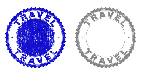 Grunge TRAVEL stamp seals isolated on a white background. Rosette seals with grunge texture in blue and grey colors. Vector rubber stamp imitation of TRAVEL title inside round rosette.