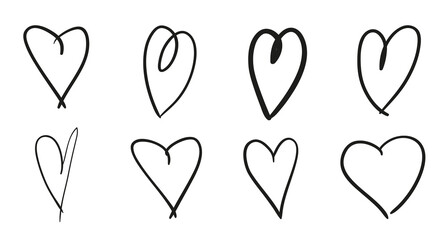 Hand drawn grunge hearts on isolated white background. Set of love signs. Unique image for design. Black and white illustration. Sketchy elements for design