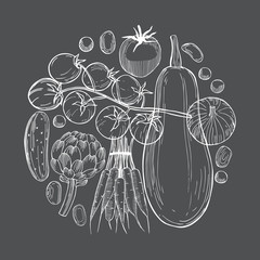 Hand drawn vegetables in a circle  on dark  background.   Vector sketch  illustration.