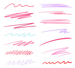 Hand drawn multicolored underlines on white. Abstract backgrounds with array of lines. Stroke chaotic patterns. Colorful illustration. Sketchy elements for posters and flyers