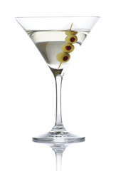 Classic dry martini with olives isolated on white background