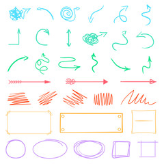Infographic elements on isolated background. Hand drawn colored pointers on white. Abstract arrows. Line art. Set of different geometric shapes. Colorful illustration. Sketchy doodles for work