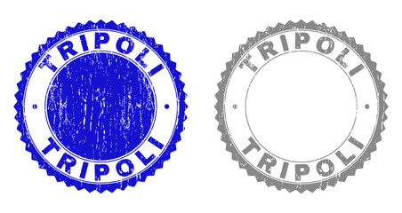 Grunge TRIPOLI stamp seals isolated on a white background. Rosette seals with grunge texture in blue and grey colors. Vector rubber stamp imitation of TRIPOLI text inside round rosette.