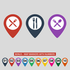 Map markers with fork spoon and knife.
