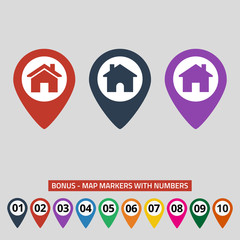 Map markers with house on grey background.