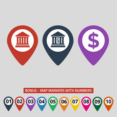 Map pointers with bank icon on grey background.