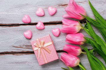 Beautiful tulips on a blue background.