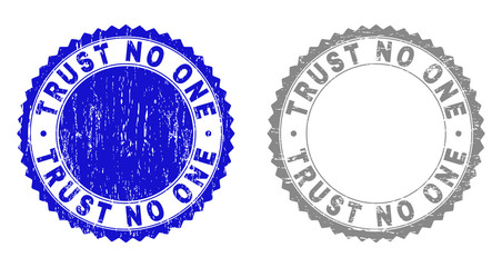 Grunge TRUST NO ONE watermarks isolated on a white background. Rosette seals with grunge texture in blue and gray colors. Vector rubber stamp imitation of TRUST NO ONE title inside round rosette.