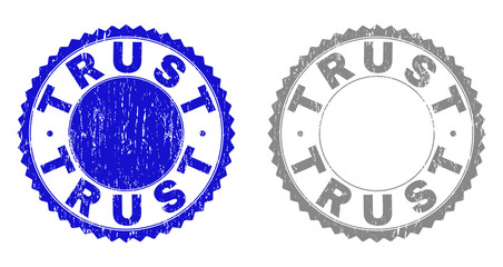 Grunge TRUST stamp seals isolated on a white background. Rosette seals with grunge texture in blue and gray colors. Vector rubber watermark of TRUST title inside round rosette.